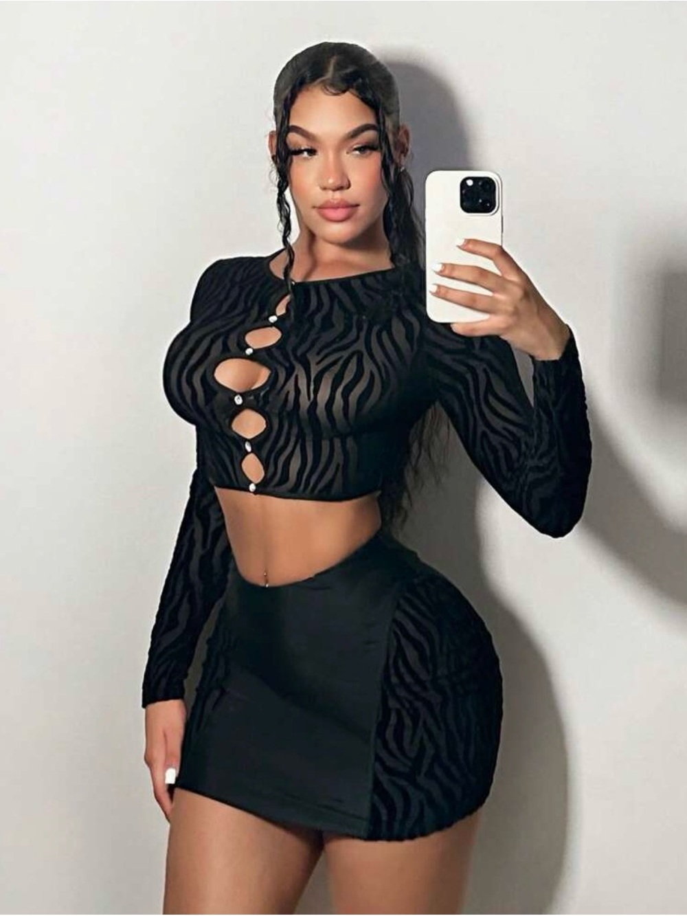 Women’s Black Zebra Long Sleeve Crop Top & Mini Skirt Set, Large Like New Shein